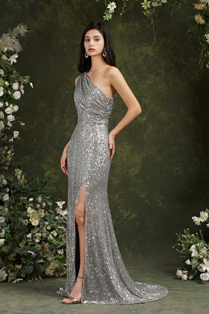 One Shoulder Silver Sequins Bridesmaid Dress Mermaid With Slit