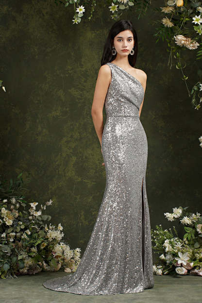 One Shoulder Silver Sequins Bridesmaid Dress Mermaid With Slit
