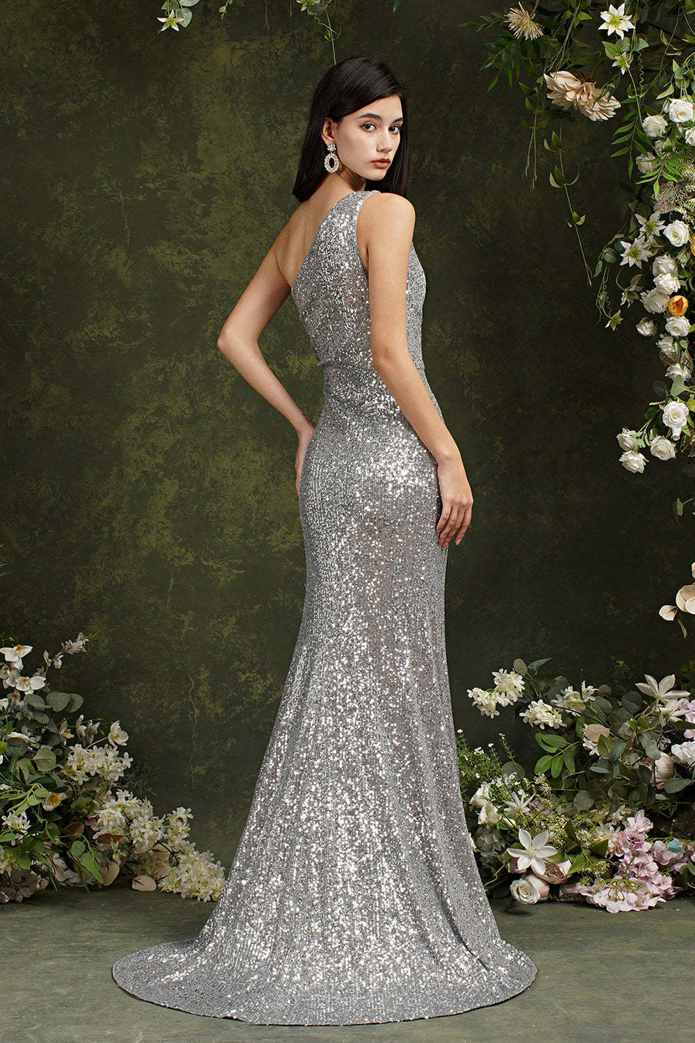 One Shoulder Silver Sequins Bridesmaid Dress Mermaid With Slit