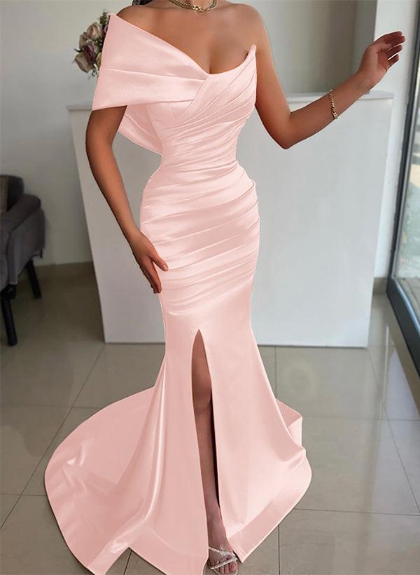 One-Shoulder Sleeveless Sweep Train Satin Bridesmaid Dresses With Front Split