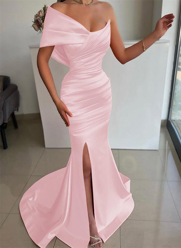 One-Shoulder Sleeveless Sweep Train Satin Bridesmaid Dresses With Front Split
