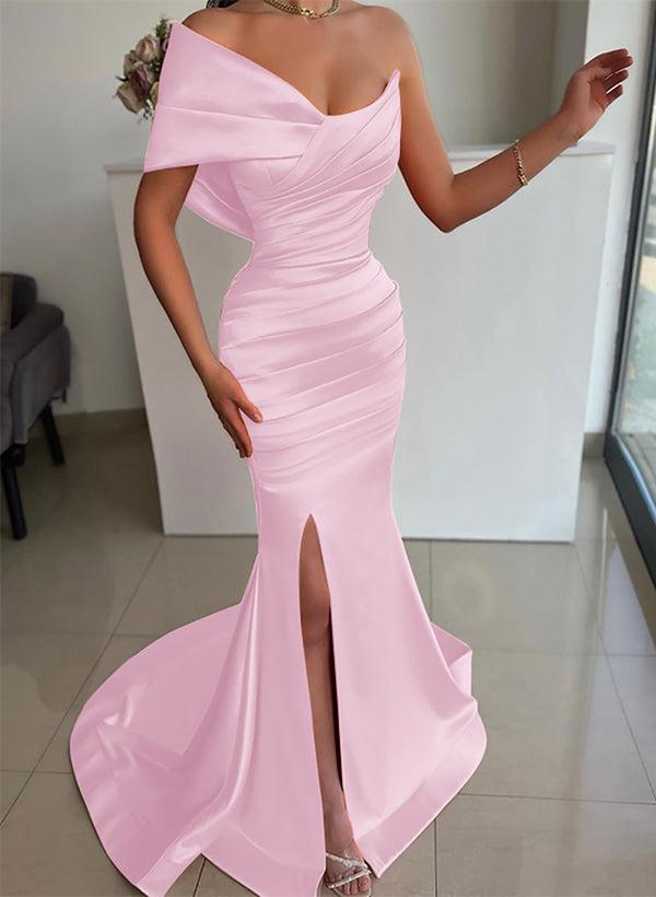 One-Shoulder Sleeveless Sweep Train Satin Bridesmaid Dresses With Front Split