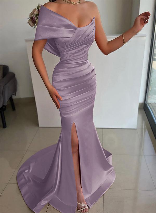 One-Shoulder Sleeveless Sweep Train Satin Bridesmaid Dresses With Front Split