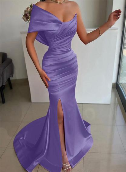 One-Shoulder Sleeveless Sweep Train Satin Bridesmaid Dresses With Front Split