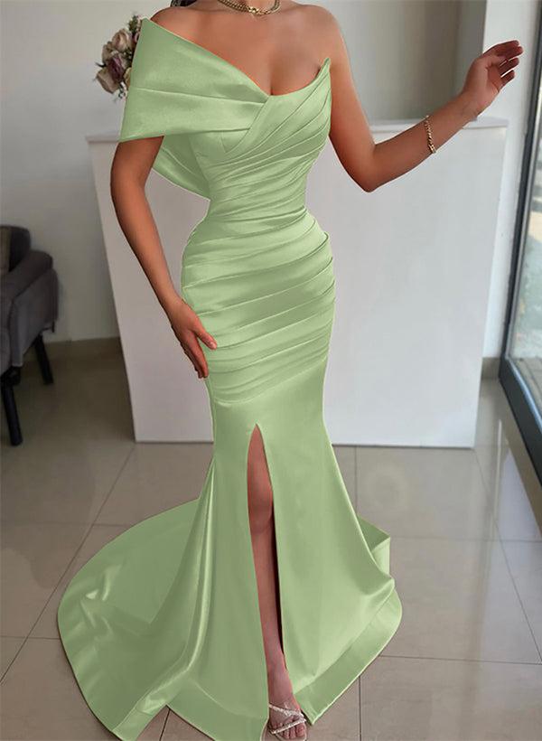 One-Shoulder Sleeveless Sweep Train Satin Bridesmaid Dresses With Front Split