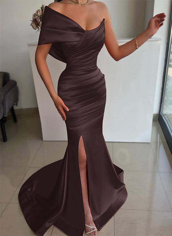 One-Shoulder Sleeveless Sweep Train Satin Bridesmaid Dresses With Front Split