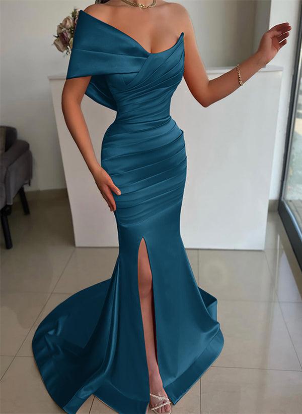 One-Shoulder Sleeveless Sweep Train Satin Bridesmaid Dresses With Front Split