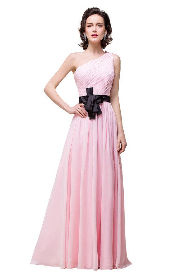 Pink A-line One-shoulder Ruffle Chiffon Bridesmaid Dresses