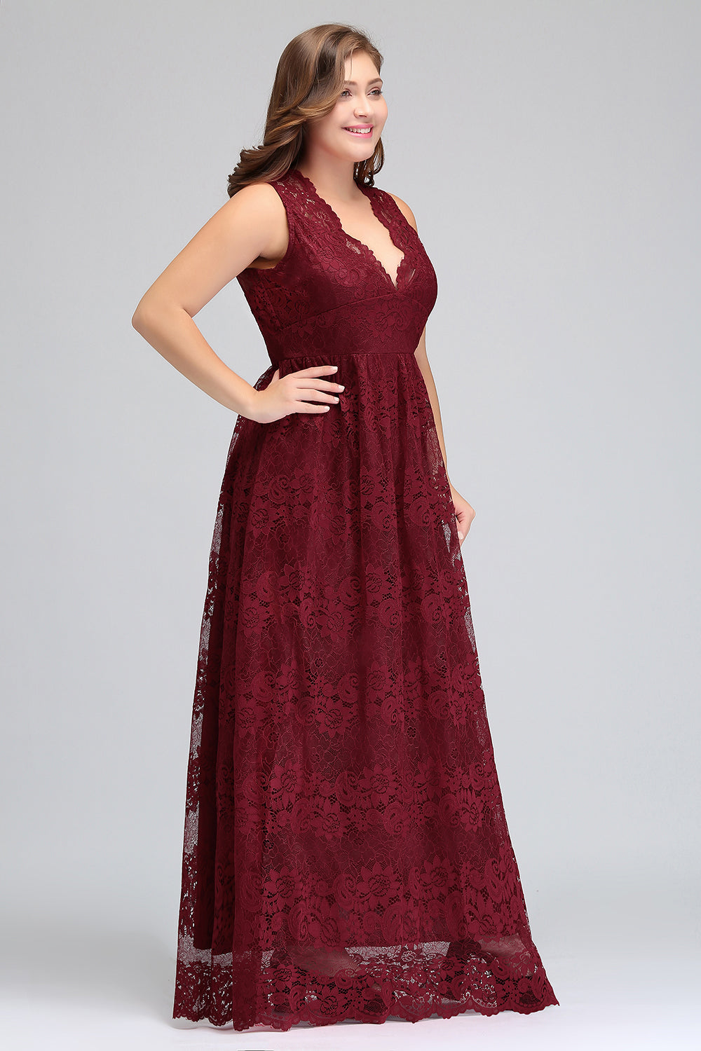 Plus Size A-Line V-Neck Burgundy Lace Bridesmaid Dress Online