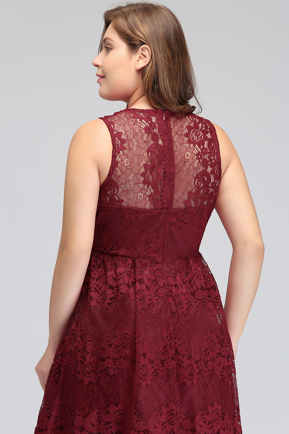 Plus Size A-Line V-Neck Burgundy Lace Bridesmaid Dress Online