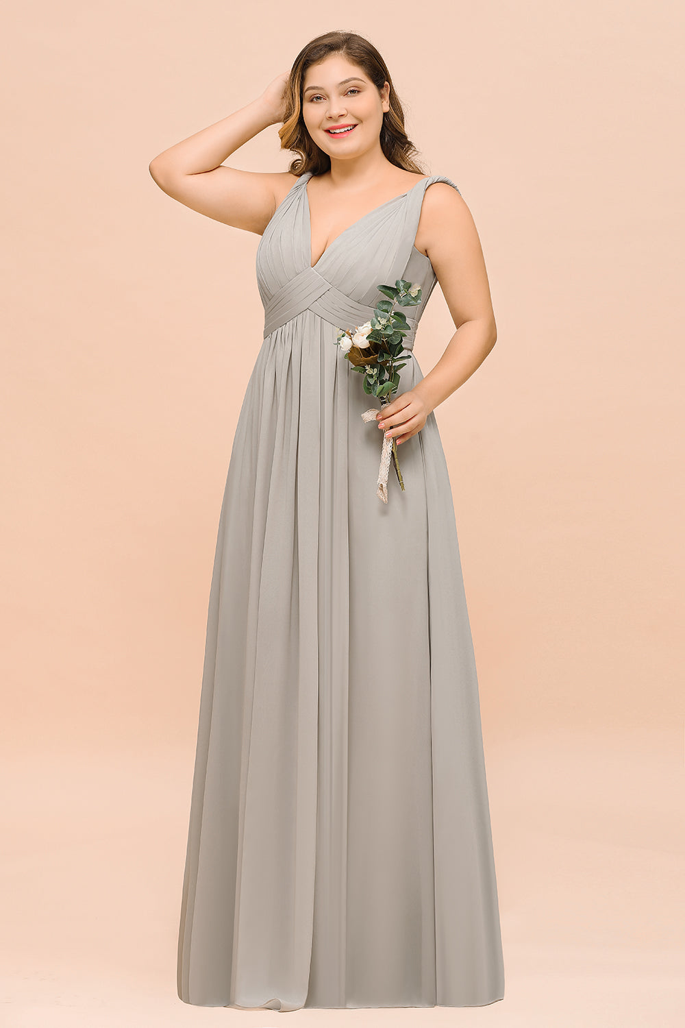 Plus Size Chiffon V-neck Sleeveless Affordable Bridesmaid Dress with Ruffle