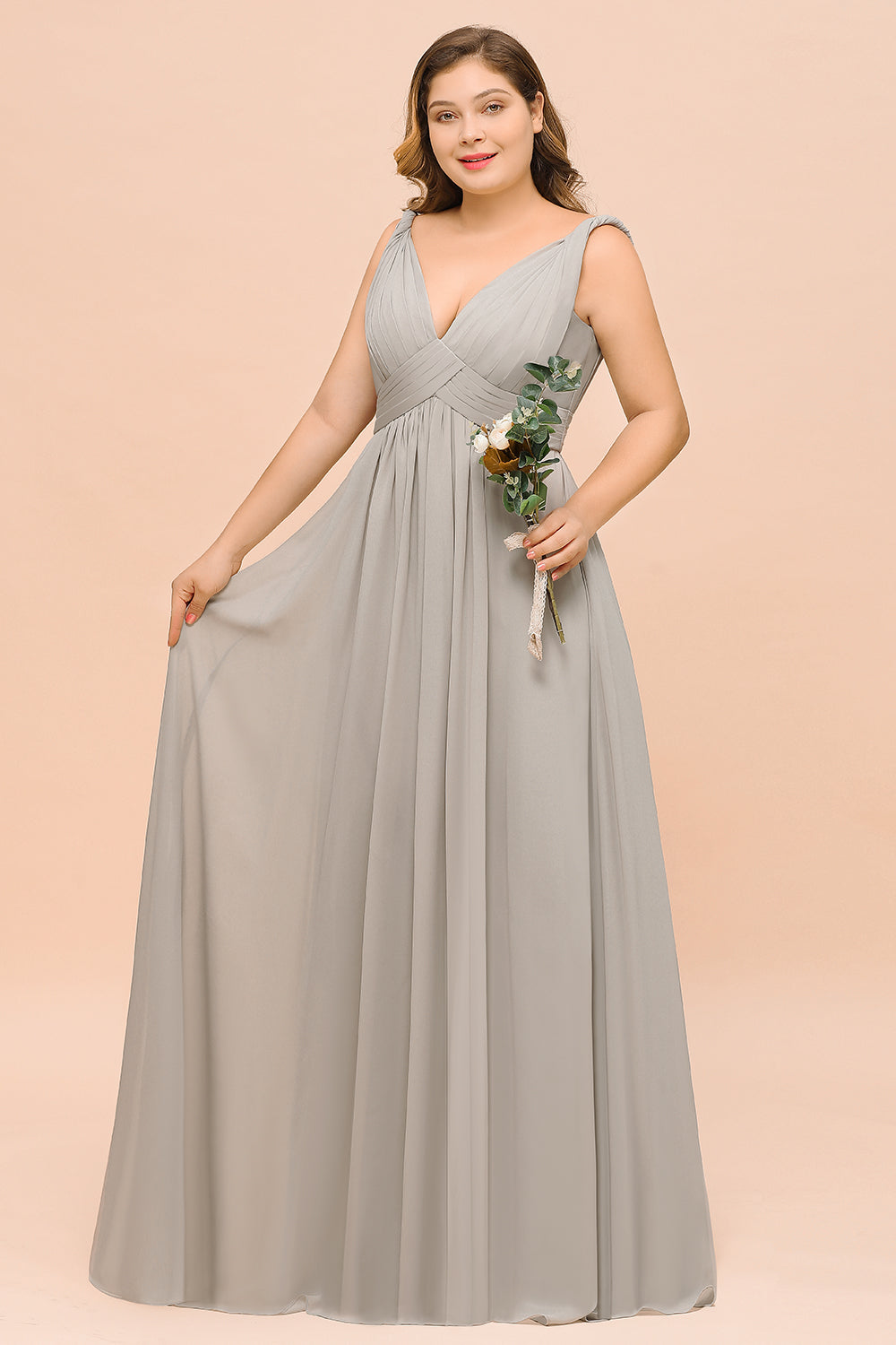 Plus Size Chiffon V-neck Sleeveless Affordable Bridesmaid Dress with Ruffle