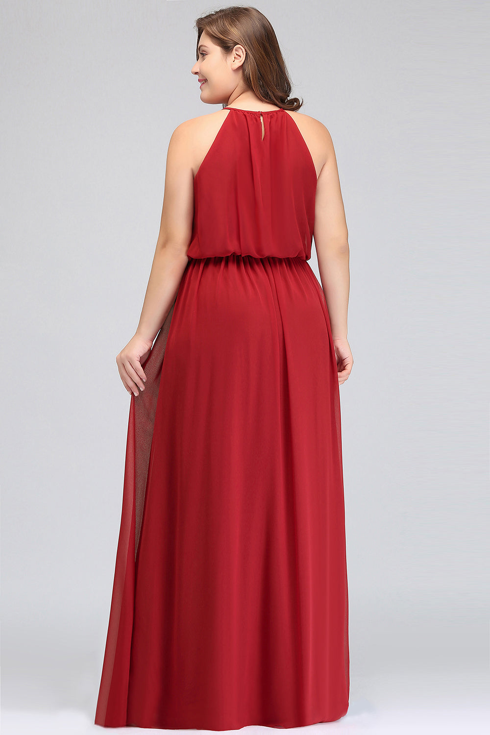 Plus Size Elegant Halter Red Chiffon Long Bridesmaid Dresses with Ruffle