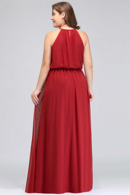 Plus Size Elegant Halter Red Chiffon Long Bridesmaid Dresses with Ruffle