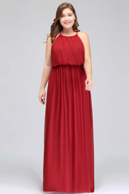 Plus Size Elegant Halter Red Chiffon Long Bridesmaid Dresses with Ruffle