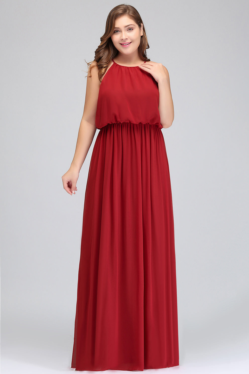 Plus Size Elegant Halter Red Chiffon Long Bridesmaid Dresses with Ruffle