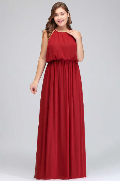 Plus Size Elegant Halter Red Chiffon Long Bridesmaid Dresses with Ruffle