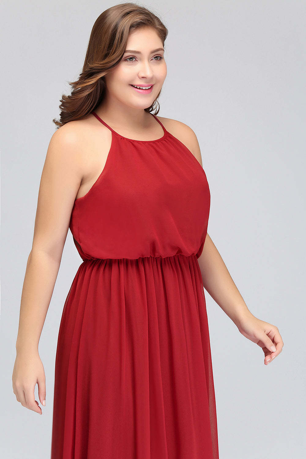 Plus Size Elegant Halter Red Chiffon Long Bridesmaid Dresses with Ruffle