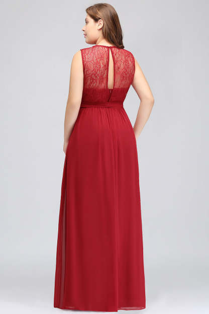 Plus Size Jewel Sleeveless Red Lace Long Bridesmaid Dress with Ruffle
