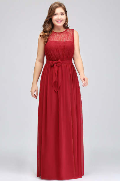 Plus Size Jewel Sleeveless Red Lace Long Bridesmaid Dress with Ruffle
