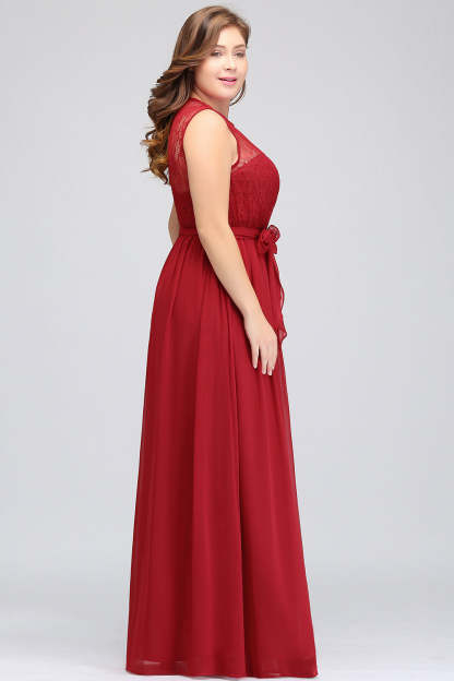 Plus Size Jewel Sleeveless Red Lace Long Bridesmaid Dress with Ruffle