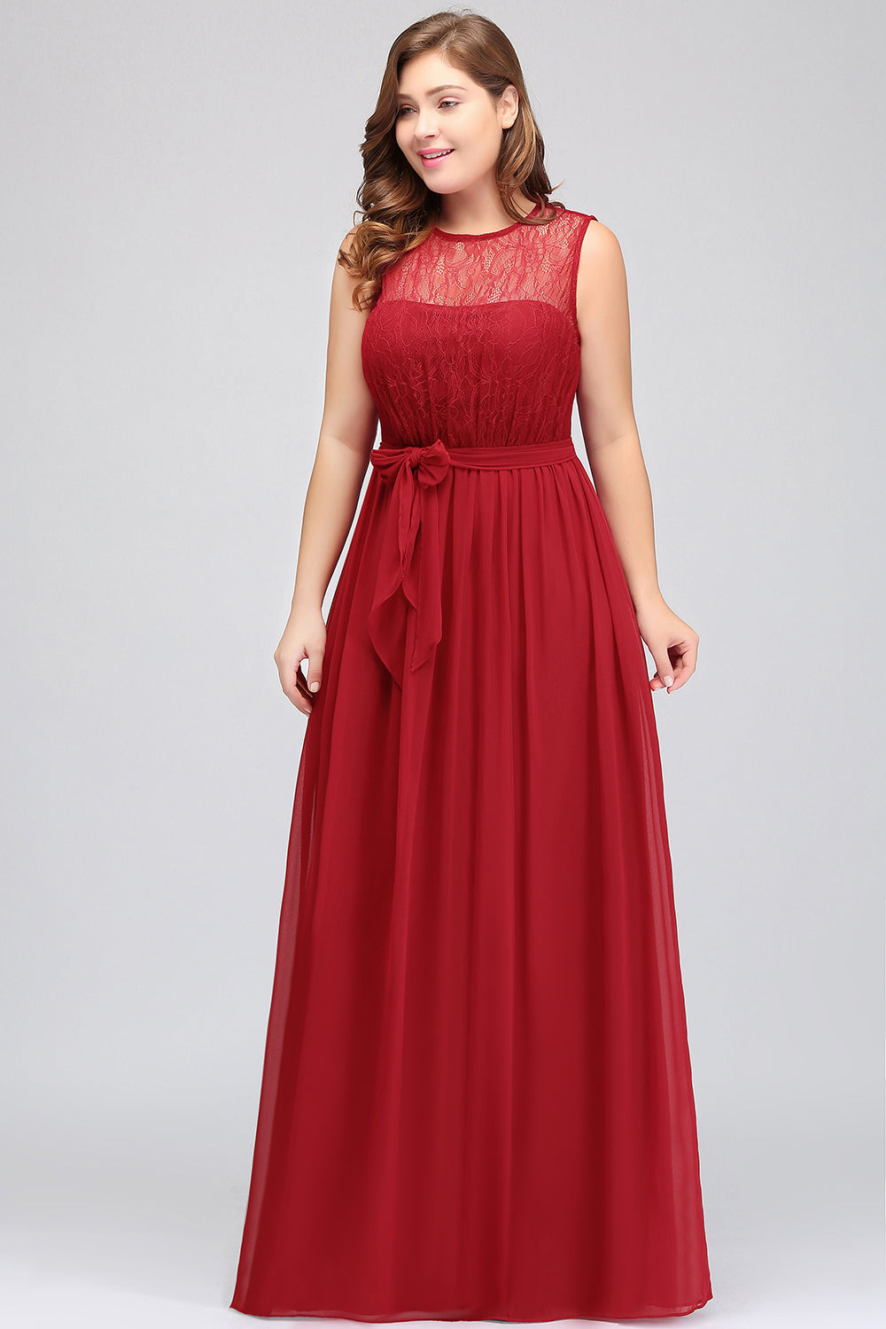 Plus Size Jewel Sleeveless Red Lace Long Bridesmaid Dress with Ruffle
