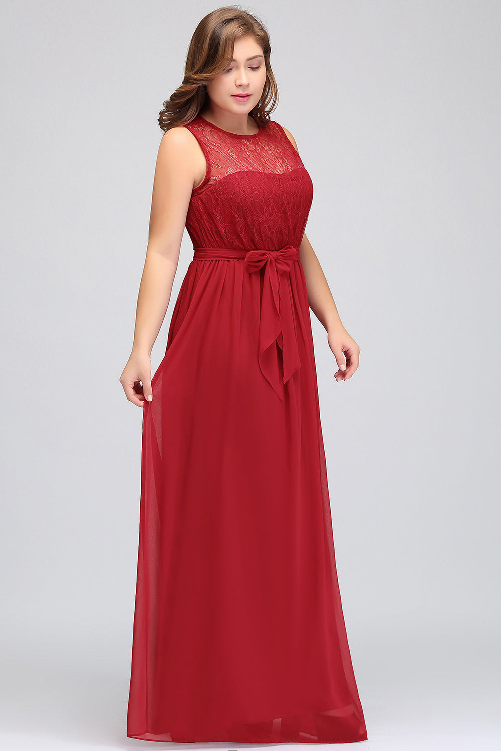 Plus Size Jewel Sleeveless Red Lace Long Bridesmaid Dress with Ruffle