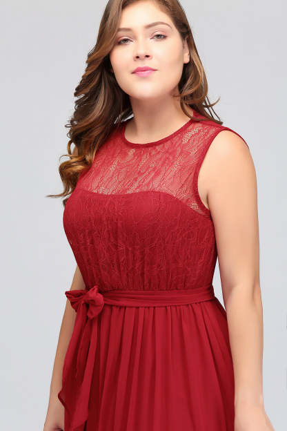 Plus Size Jewel Sleeveless Red Lace Long Bridesmaid Dress with Ruffle