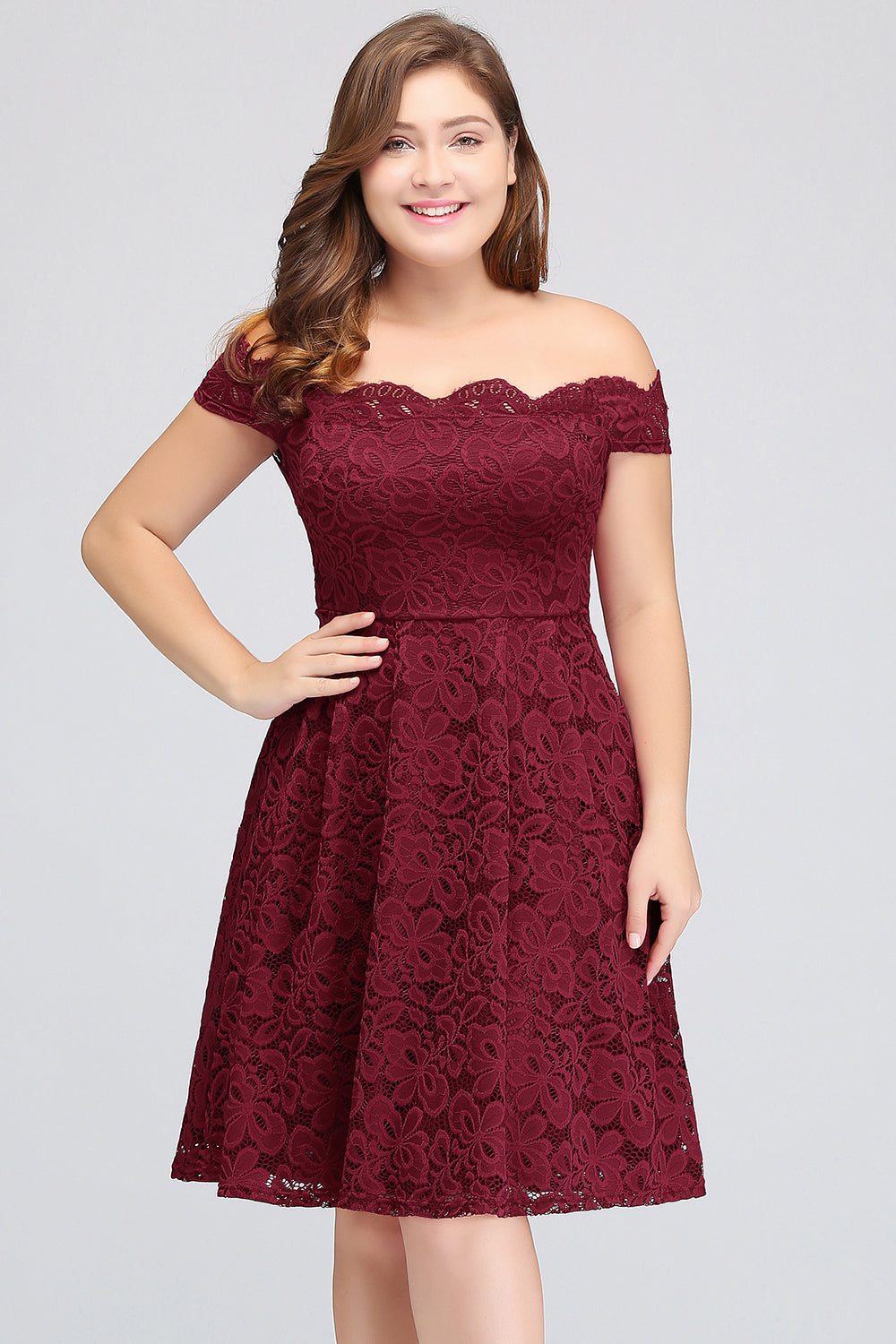 Plus Size Off-the-Shoulder Burgundy Lace Short Bridesmaid Dress Online