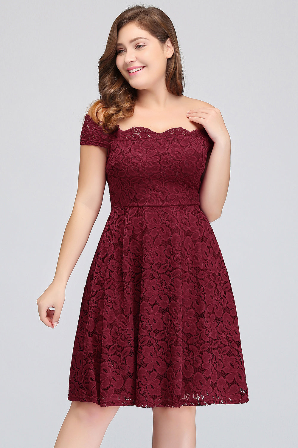 Plus Size Off-the-Shoulder Burgundy Lace Short Bridesmaid Dress Online