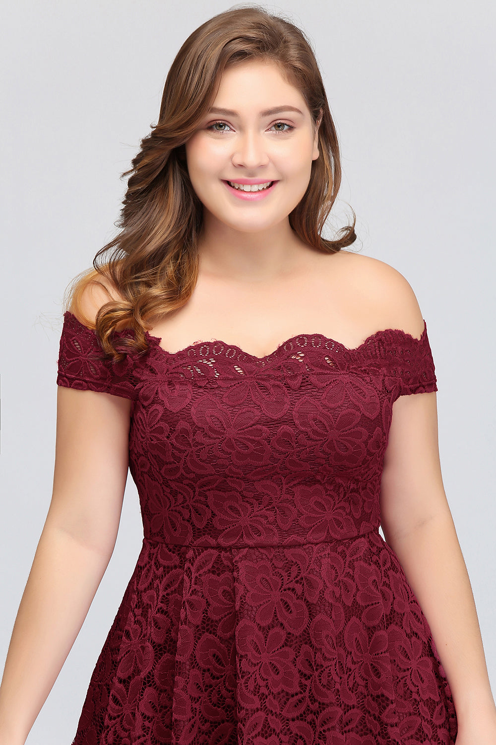 Plus Size Off-the-Shoulder Burgundy Lace Short Bridesmaid Dress Online