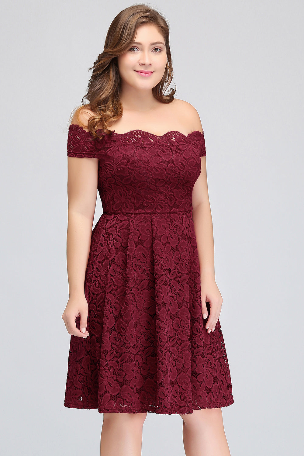 Plus Size Off-the-Shoulder Burgundy Lace Short Bridesmaid Dress Online