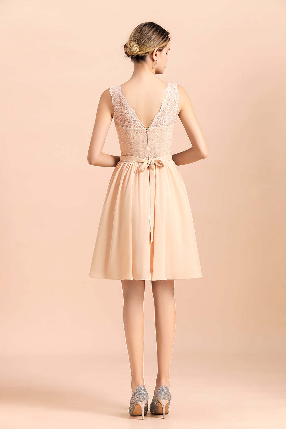 Pretty V-Neck Chiffon Lace Short Bridesmaid Dress with Ruffles Online