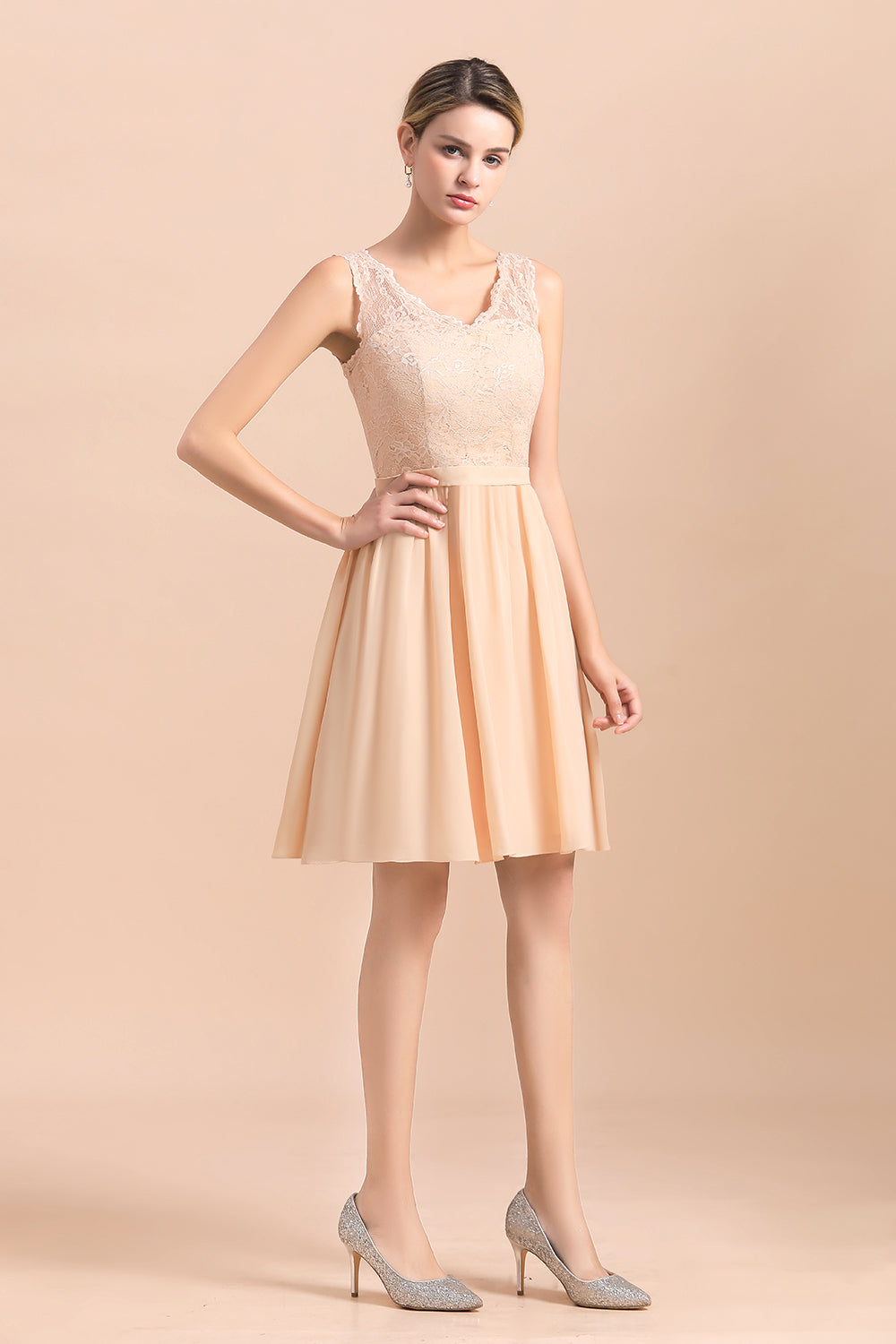 Pretty V-Neck Chiffon Lace Short Bridesmaid Dress with Ruffles Online