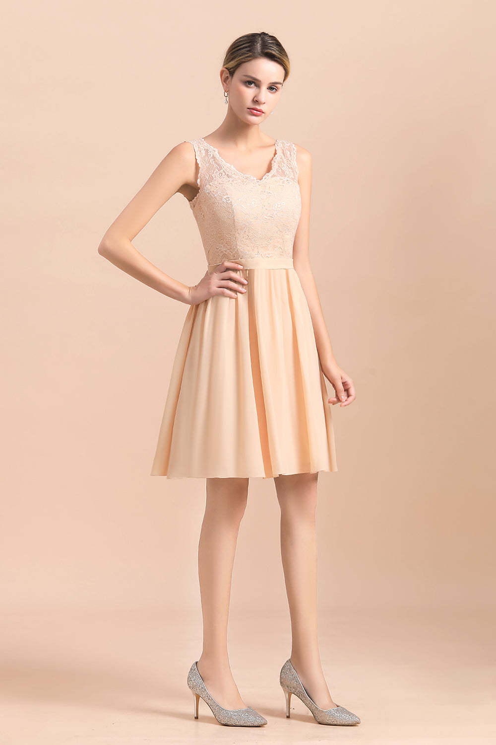 Pretty V-Neck Chiffon Lace Short Bridesmaid Dress with Ruffles Online