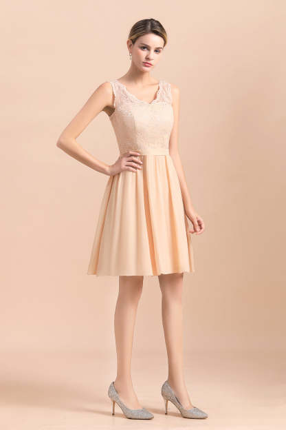 Pretty V-Neck Chiffon Lace Short Bridesmaid Dress with Ruffles Online