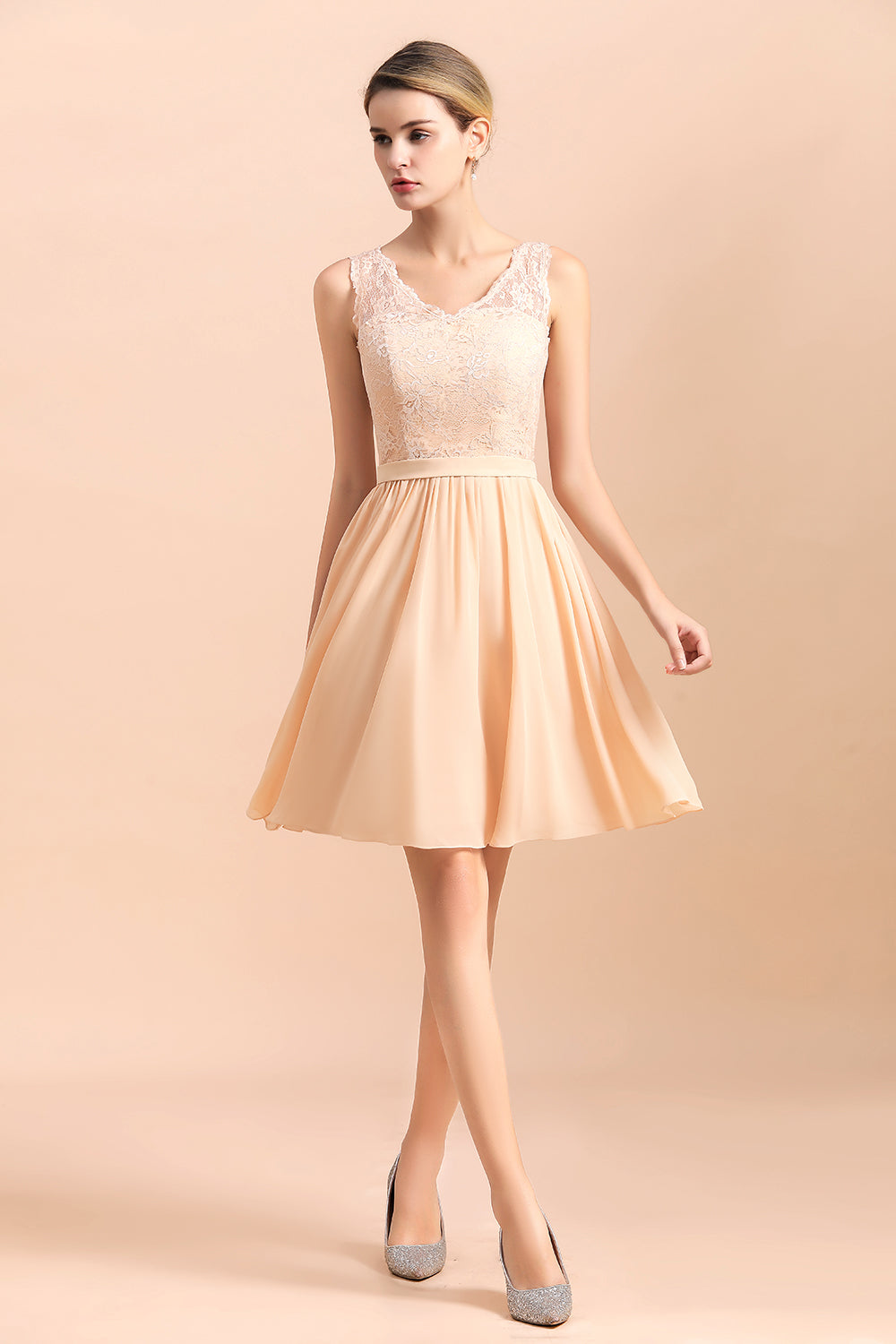 Pretty V-Neck Chiffon Lace Short Bridesmaid Dress with Ruffles Online