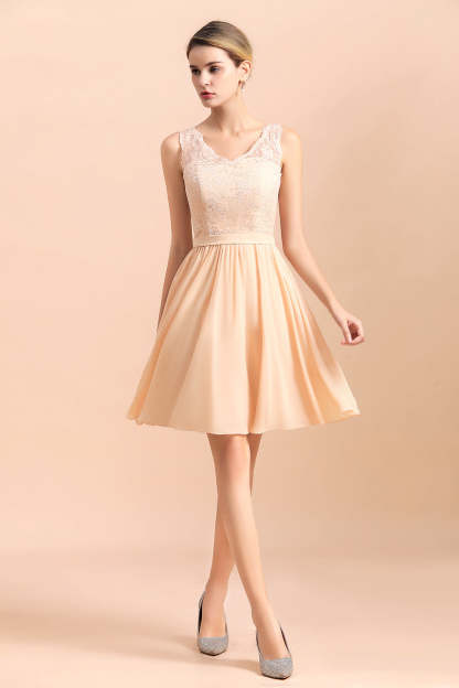 Pretty V-Neck Chiffon Lace Short Bridesmaid Dress with Ruffles Online