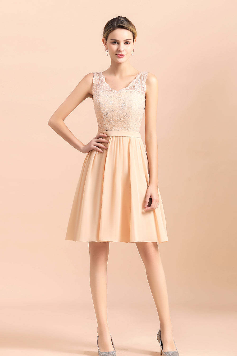 Pretty V-Neck Chiffon Lace Short Bridesmaid Dress with Ruffles Online