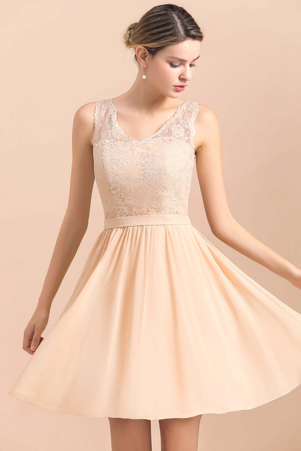 Pretty V-Neck Chiffon Lace Short Bridesmaid Dress with Ruffles Online