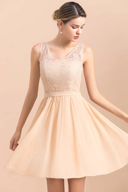 Pretty V-Neck Chiffon Lace Short Bridesmaid Dress with Ruffles Online