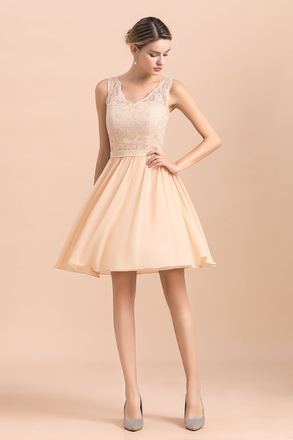 Pretty V-Neck Chiffon Lace Short Bridesmaid Dress with Ruffles Online