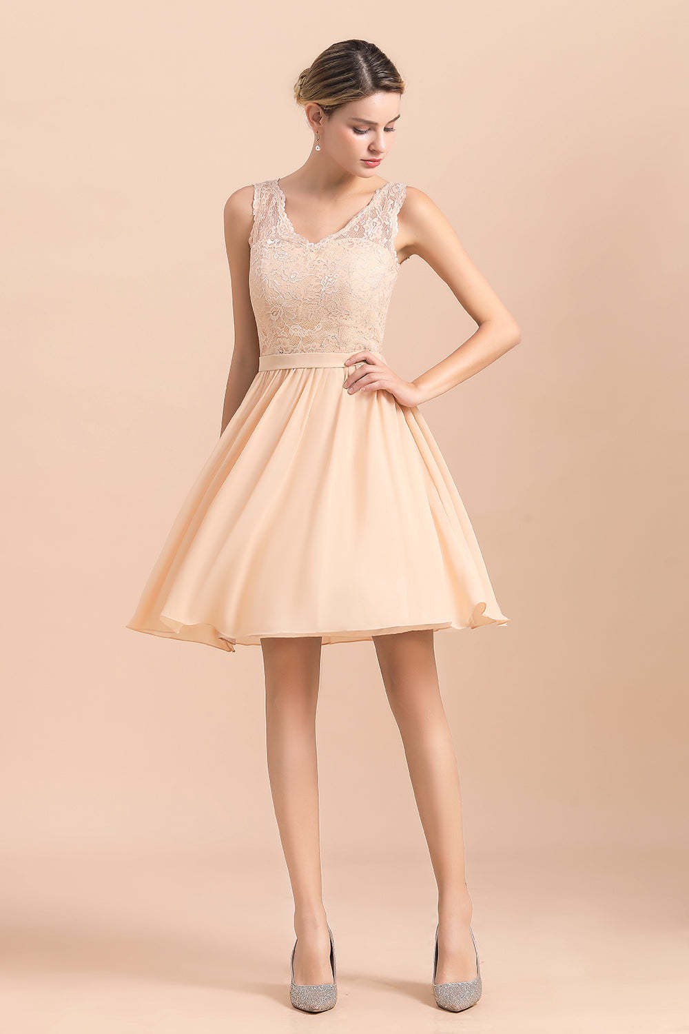 Pretty V-Neck Chiffon Lace Short Bridesmaid Dress with Ruffles Online