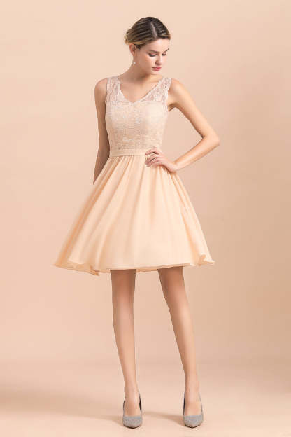 Pretty V-Neck Chiffon Lace Short Bridesmaid Dress with Ruffles Online