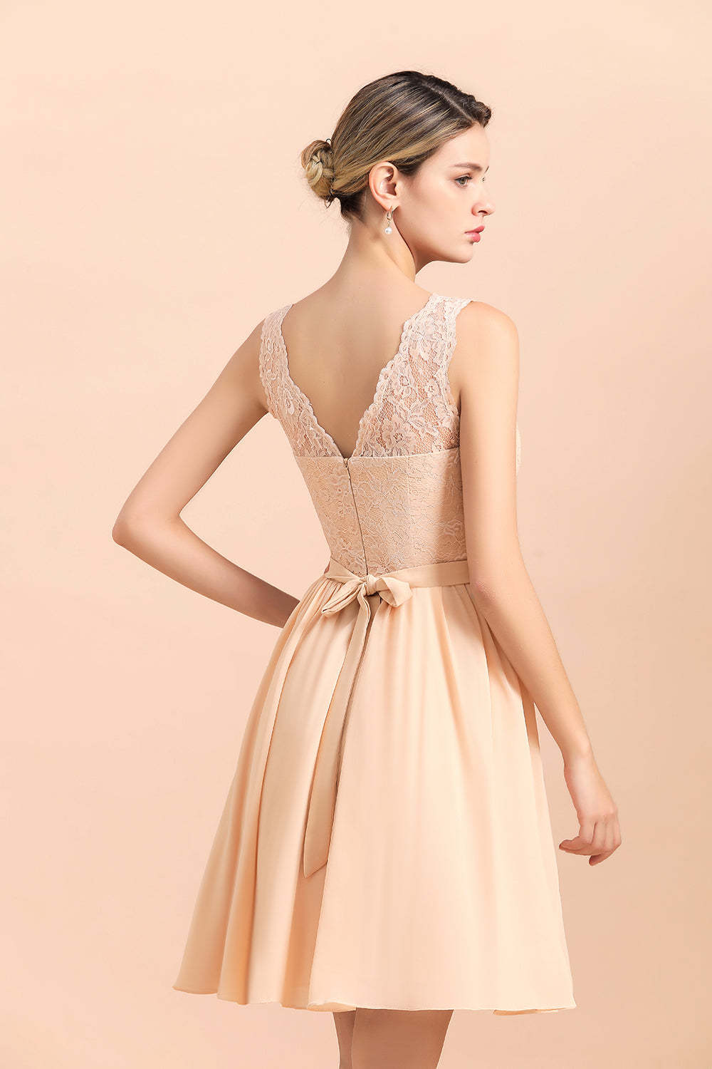 Pretty V-Neck Chiffon Lace Short Bridesmaid Dress with Ruffles Online