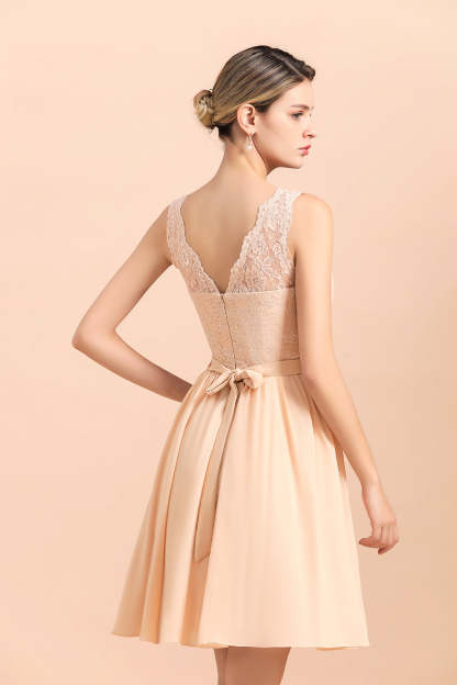 Pretty V-Neck Chiffon Lace Short Bridesmaid Dress with Ruffles Online