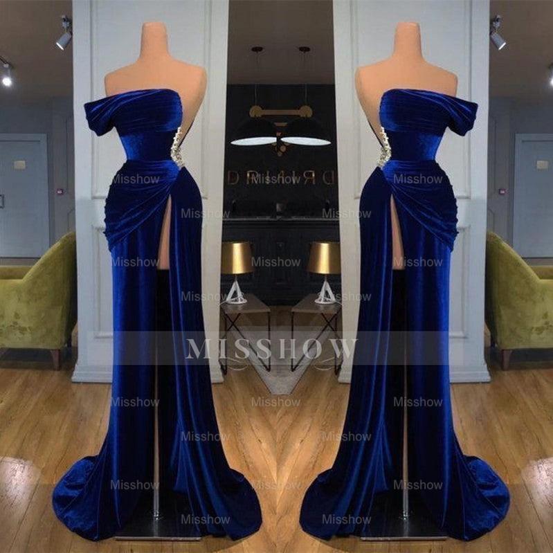 Royal Blue Off-the-shoulder Long Prom Evening Dress with Split