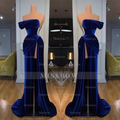 Royal Blue Off-the-shoulder Long Prom Evening Dress with Split