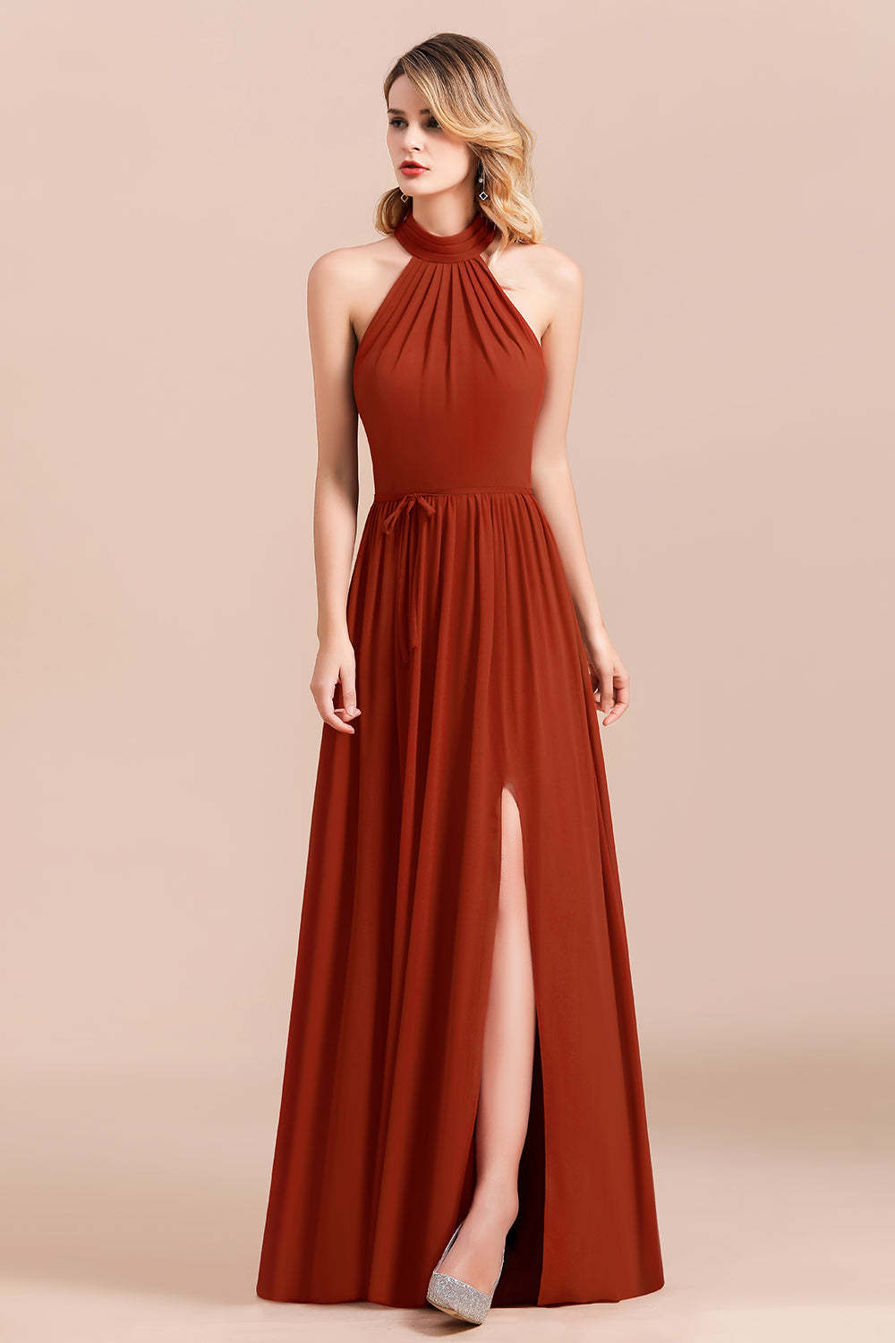 Rust Halter Long Bridesmaid Dresses Online With Front Split