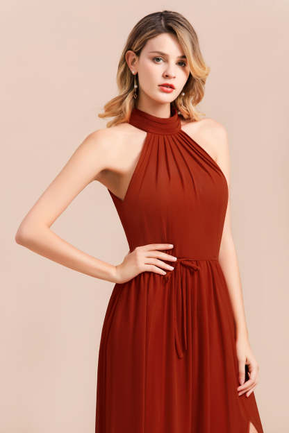 Rust Halter Long Bridesmaid Dresses Online With Front Split